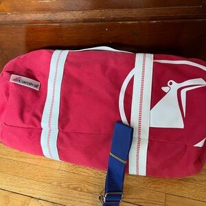 Red Duffel Bag with Blue Strap